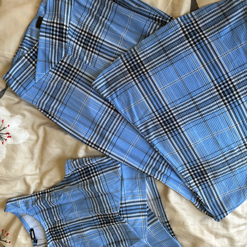 Blue Plaid Flare Pants and Top Set